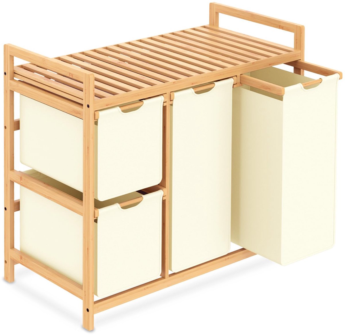 SnelShoppen - iEGrow Wasmand 4 Vakken 150 Liter - Bamboe Waswagen met Plank en Push-Pull Waszakken - Beige Wasverzamelaar met 2x50L en 2x25L