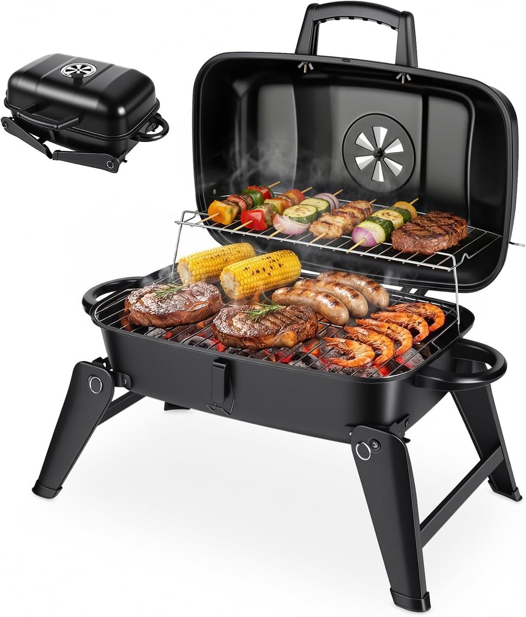 SnelShoppen - Campinggrill Draagbare Houtskoolgrill Tafelgrill 2-in-1 Functie Grill en Oven Klapgrill met Houten Handvat Voor Camping Outdoor Tuin Zwa