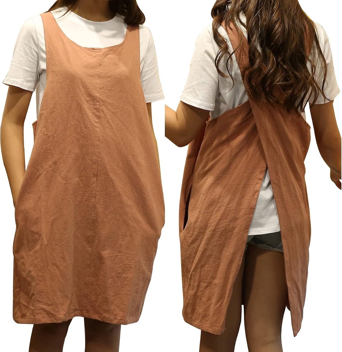 Minimalistische Katoenen Linnen Schorten met Pocket en X-Vormige Steunen, Ideaal voor Koken, Grillen en Tuinieren, Oranje-Rood, M