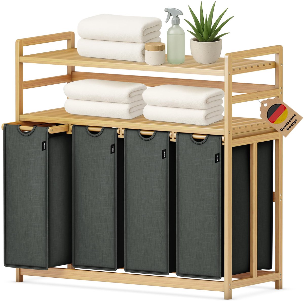 SnelShoppen - 198L Wasverzamelaar met 4 Vakken, Dubbele Plank, Praktische Wasmand voor Thuis, Kleur: Grijs, Ideaal voor Wassen, Sorteren en Organisere