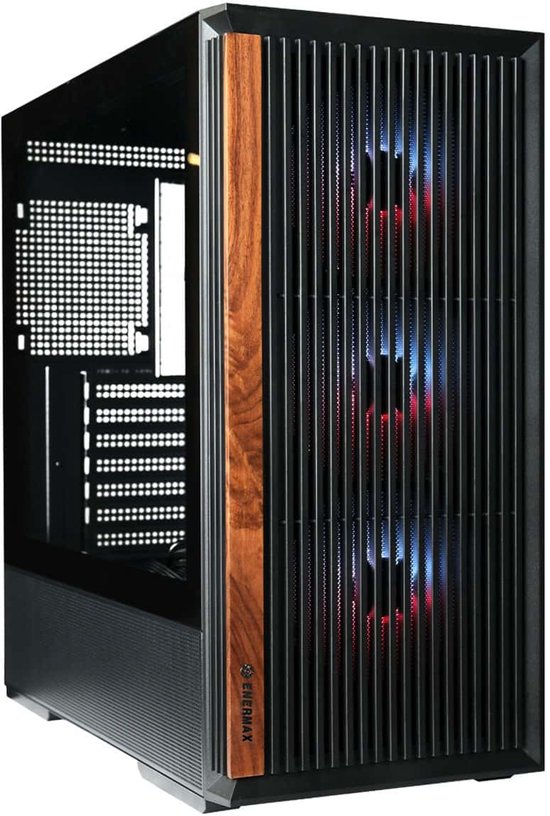 Zwarte computerkast met houten accent en verlichte ventilatoren