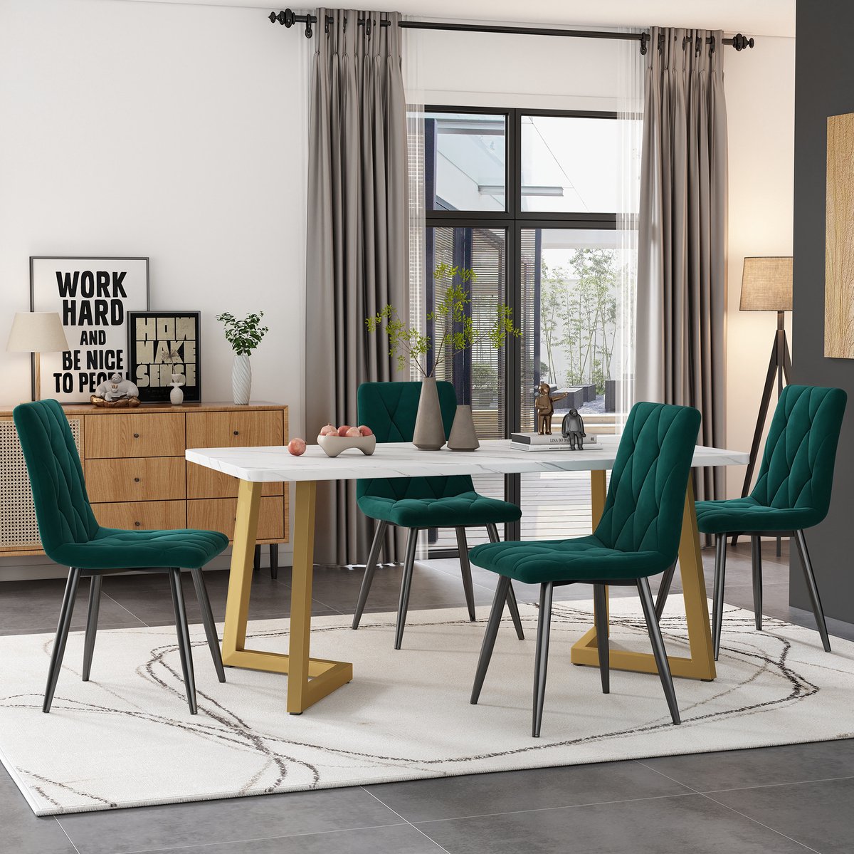 COVREO Tafel en stoelen set 117x68 cm groen, 4 stoelen en MDF tafel