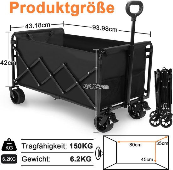 SnelShoppen - Opvouwbare Bolderkar Handwagen 150L Draagkracht 150kg Verstelbare Handgreep Offroad-wielen Voor Camping Tuin Outdoor 94x43x42 cm van Snelshoppen — afbeelding 4