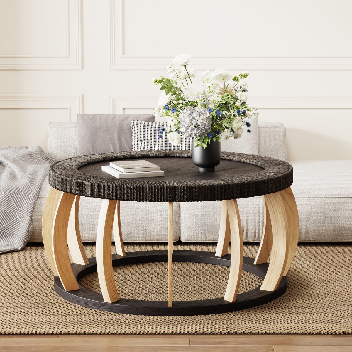 DESMIU Salontafel - Ronde Tafel Met Rotanlook En Gebogen Poten - Voor Woonkamer Keuken En Eetkamer - Hout En MDF - 90x90x43 Cm - Zwartbruin