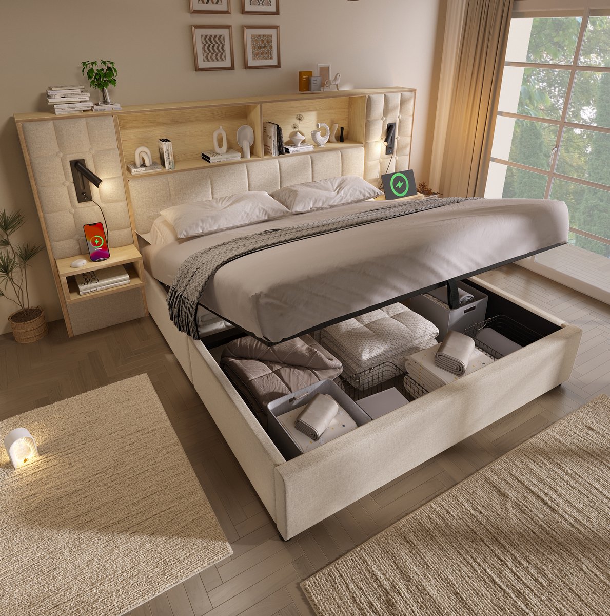 DESMIU Gestoffeerd Bed 180x200 Cm – Bed Met Opbergruimte, Led, 2 Leeslampen – 2 Nachtkastjes, Usb Type C – Linnenstof – Beige – Zonder Matras