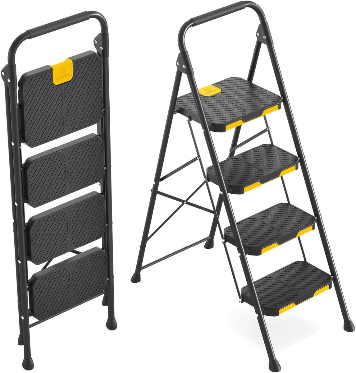 Vouwtrap 4 Treden - Huishoudtrap Keukenladder - Klusklare Hulp - Extra Brede Pedalen - 360 kg Belasting - Zwart