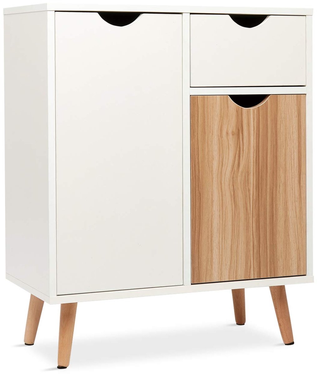 SnelShoppen - Commode Dressoir Highboard Hout met 1 Schuiflade en 2 Deuren - Wit en Licht Eiken - 60 x 30 x 73 cm - Voor Woonkamer, Slaapkamer en Hal