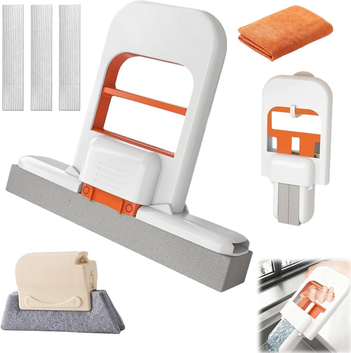 Mini mop met zelf-uitwringfunctie en 2 extra sponsen | Inclusief microvezeldoek en raamreiniger | Opvouwbare tafelwisser voor keuken, badkamer, auto en ramen