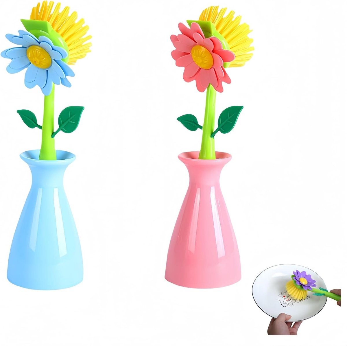 Set van Afwasborstels in Bloemvorm met Handvat en Stand voor Anti-aanbak Pannen, Potten en Wasbakken (Roze-Blauw Combinatie)