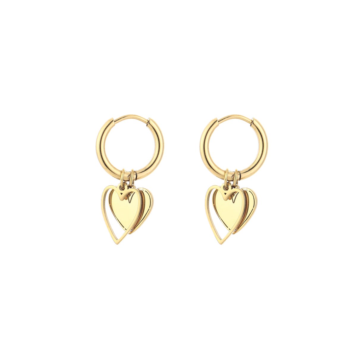 Stainless Steel Double Layered Cutout & Solid Heart Charm Hoops – Luxe Dubbele Hartjes Bedel Oorringen – RVS - Goud