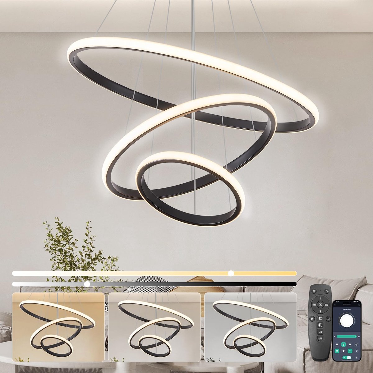 SnelShoppen - Moderne LED-hanglamp met 3 ringen, 45 W, dimbaar, in hoogte verstelbaar, aluminium, zwart, voor eetkamer en woonkamer, afstandsbediening