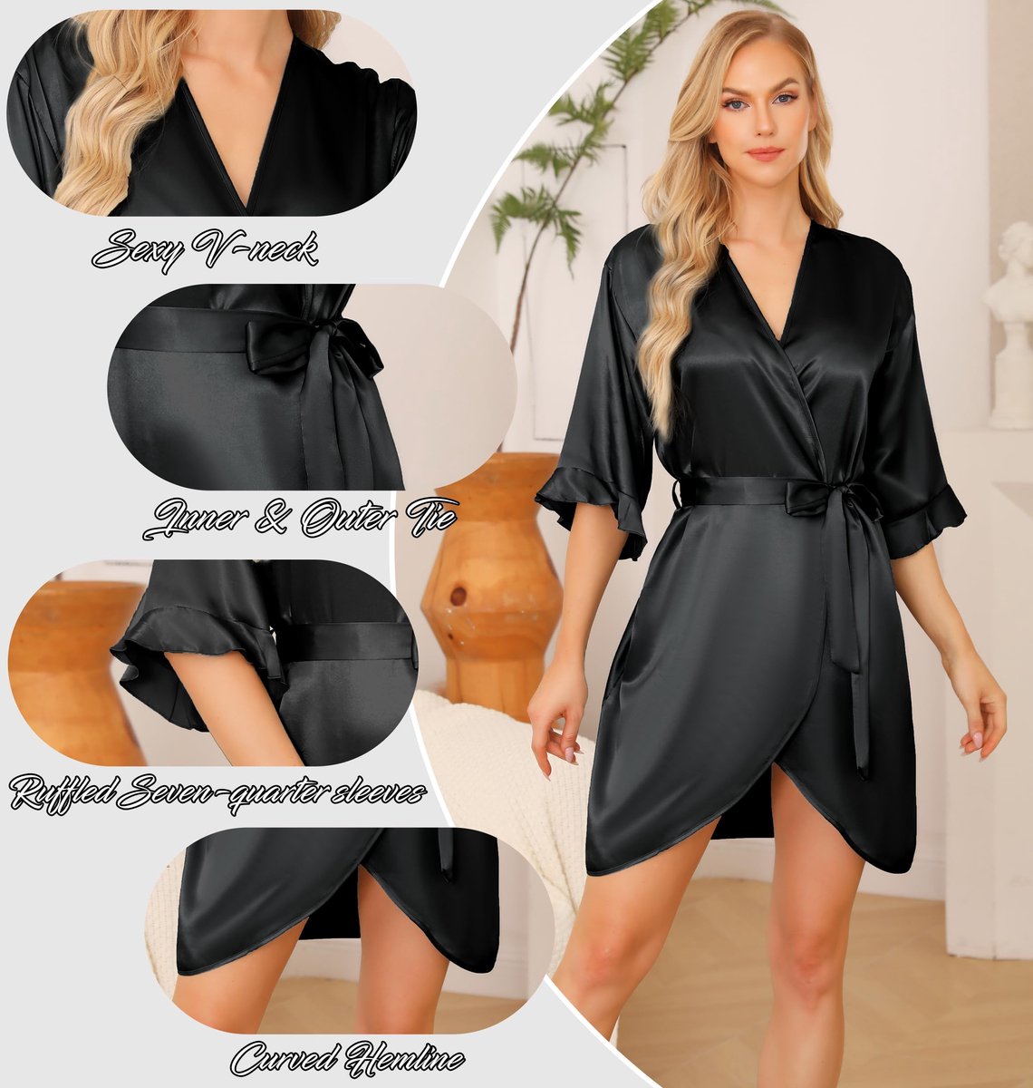 SnelShoppen - Dames Satijnen Badjas Zomer Zijde Ochtendjas Zachte Badjas voor Huwelijksfeesten 3/4-Mouwen Nachtkleding met V-Hals, Zwart, XXL