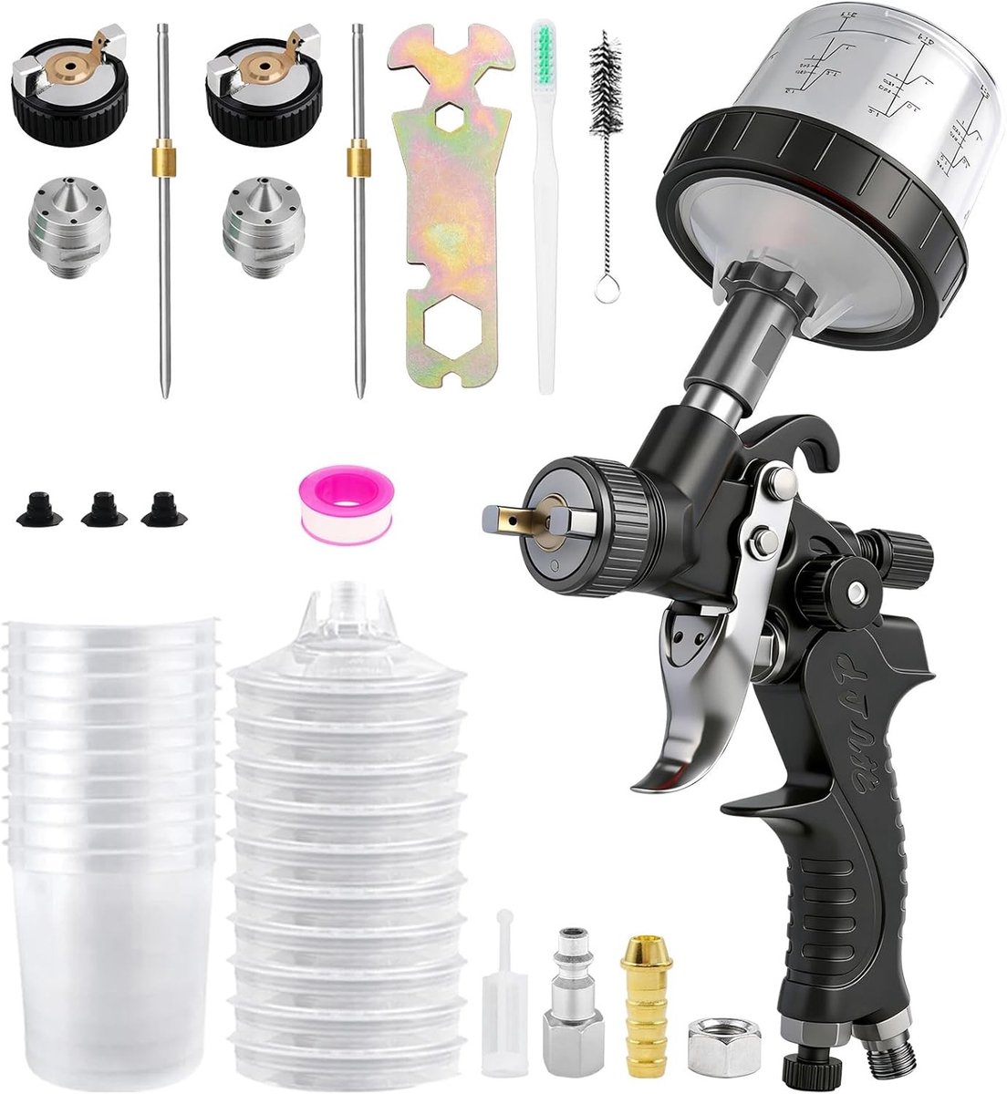 Mini HVLP Verfspuitset met 2 Nozzles 0.8/1 mm en 10 Wegwerp Verfspuitbekers voor Muur, Meubel en Tuinprojecten