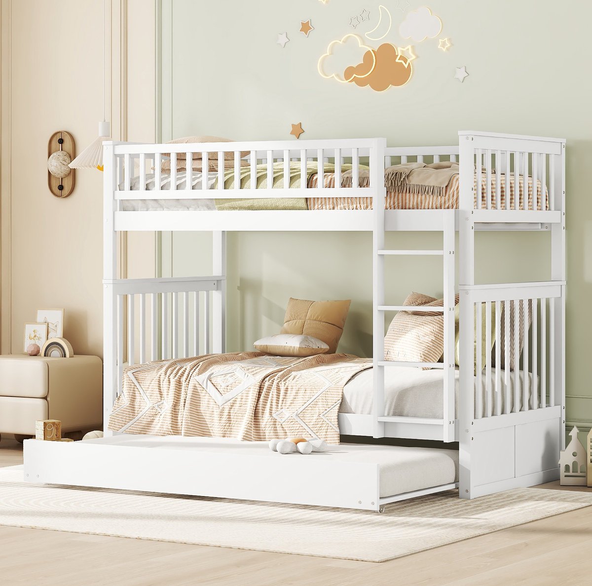 COVREO Stapelbed 90x200 cm wit, 95 cm breed, uitziehbed, zonder matras White