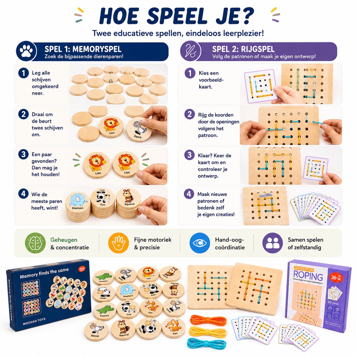 FAMPHOS Montessori Speelgoed vanaf 3 Jaar – 2-in-1 Houten Memoryspel en Rijgspel – Educatief Speelgoed voor Geheugen, Concentratie en Fijne Motoriek — afbeelding 3