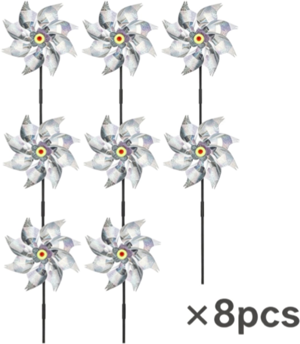 Reflecterende windmolens - 8 stuks - Vogelafschrikmiddel - Geschikt voor balkons, windmolens, boomgaarden, binnenplaatsen en daken - Zilver - 8 bladen - Diameter 24 cm
