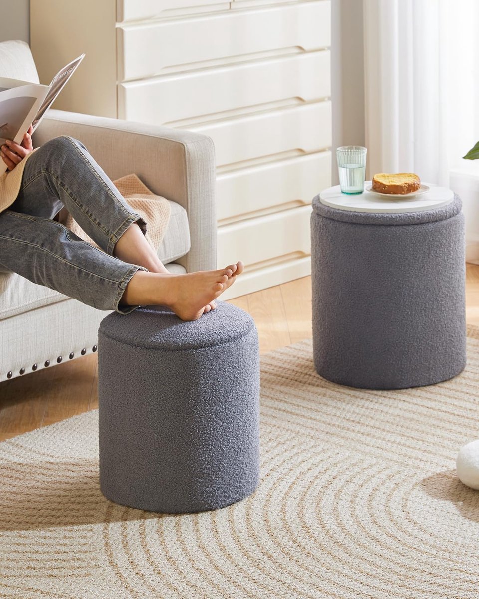 SnelShoppen - Set van 2 ronde opbergpoefen met fleece, grijze poef met opslag, veelzijdige voetenbank en salontafel voor woonkamer en slaapkamer