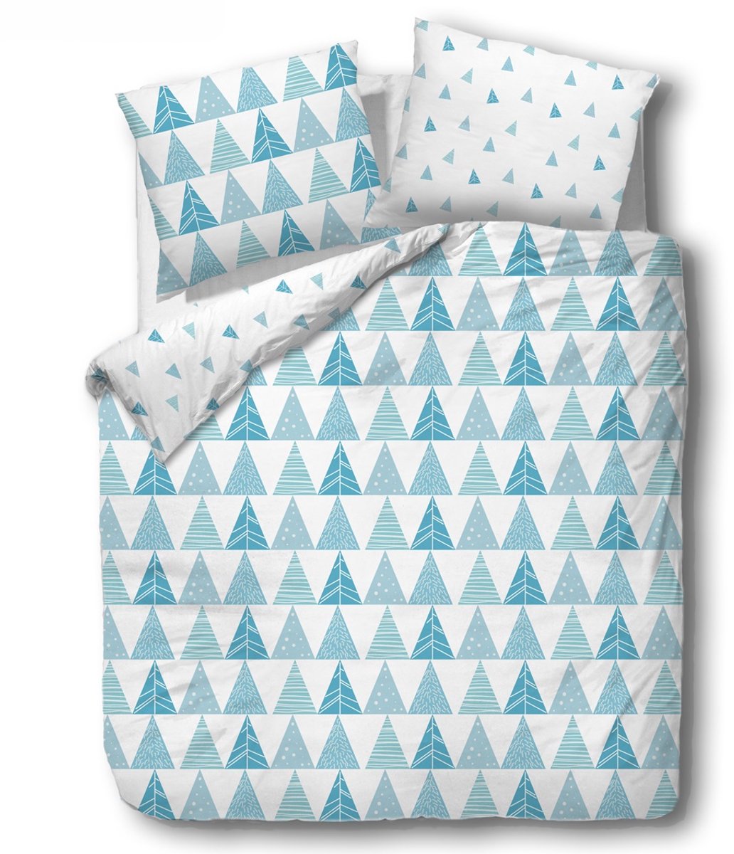 Katoen-Satijn Dekbedovertrek 160x200 cm - Blauw met Kerstbomen / Dennenbomen - 100% Natuurlijk Katoen - Met 2 Kussenslopen - Winter & Kerst Beddengoed