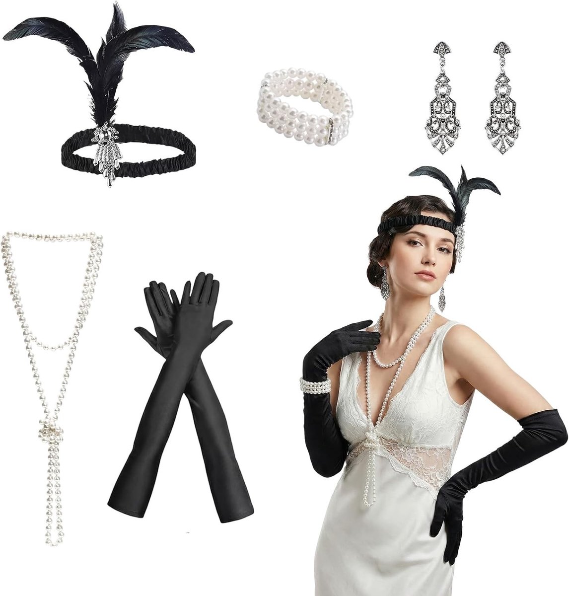 1920s kostuumaccessoires voor vrouwen, set van 5, flapper jurk, carnaval outfit, veren boa, zwart, retro mode, feestkleding