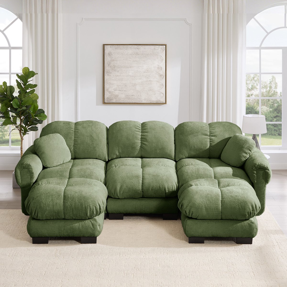 OKWISH U-Bank 260 x 149 x 90 cm - 3-Zits Modulaire Bank Met Mobiele Ottomaan En 2 Sierkussens - Voor Woonkamer - Chenille - Groen