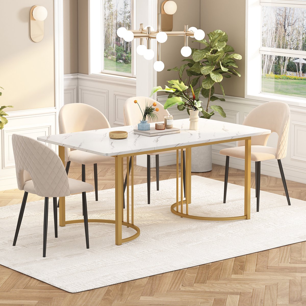 DESMIU Eettafel - Modern Marmereffect Met Verstelbare Voeten - Rechthoekig Voor Eetkamer En Keuken - MDF En Metaal - 140x80x75 Cm - Wit Goud