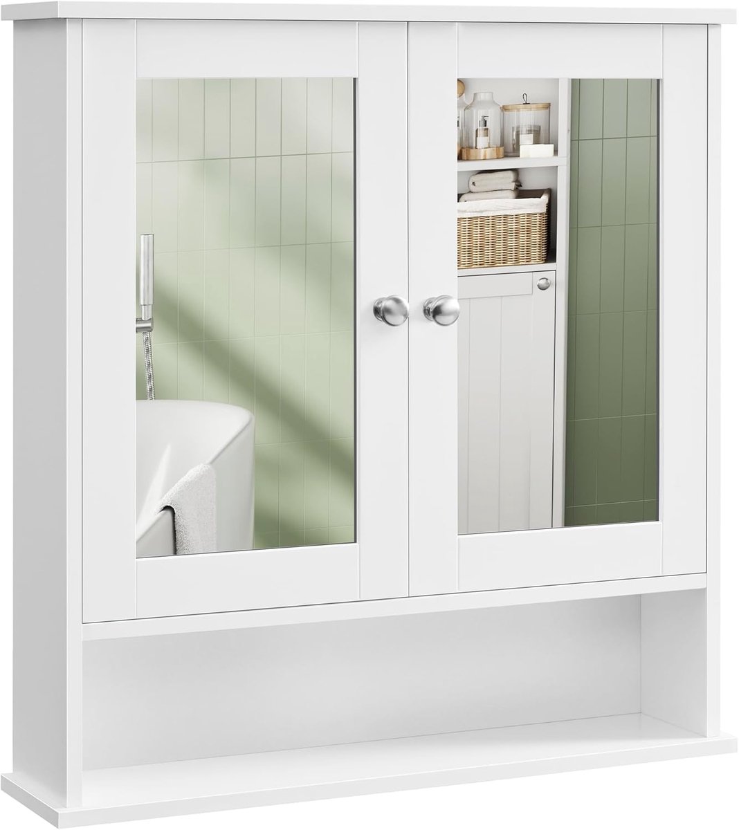 Conway Living® - Spiegelkast / Badkamerkast Wand - Met 2 Spiegeldeuren & Open Vak - Wit - 65 x 15 x 75 cm