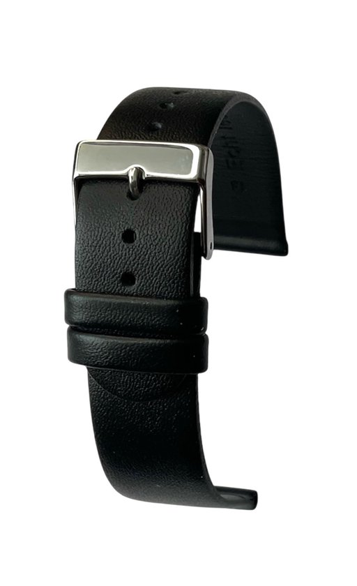 Zwart horlogebandje van 'Echt leder' met zilverkleurige gesp.