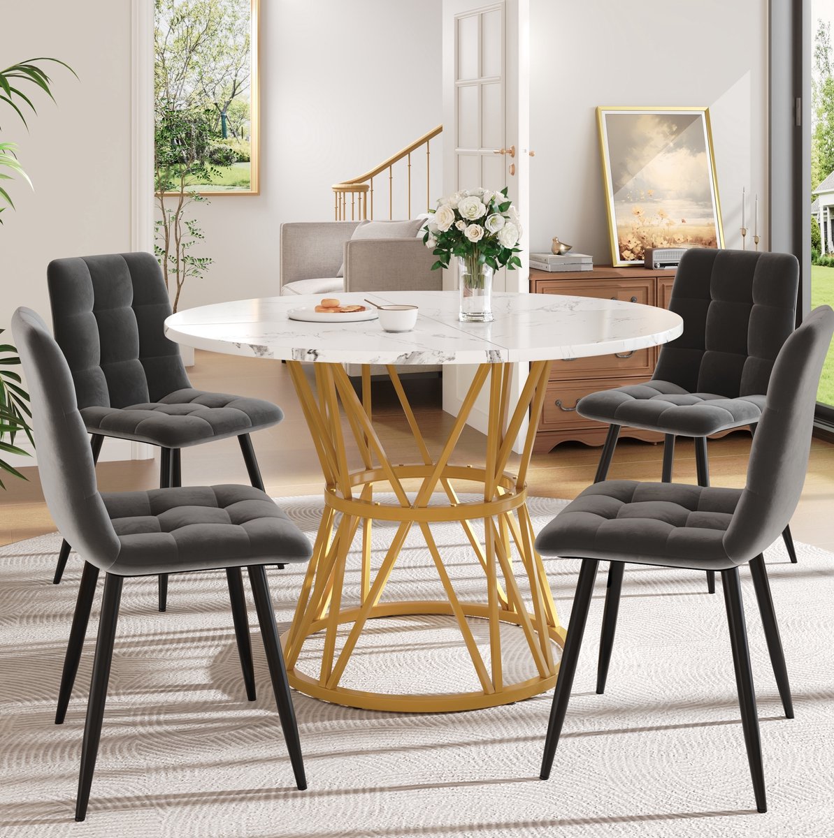 COVREO Eettafelset 100x100x76 cm goud grijs, ronde tafel met 4 stoelen