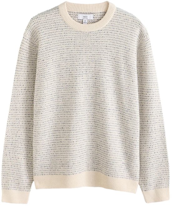 Crème trui met textuur en blauwe stippen, ronde hals, label Next Regular Fit maat M.