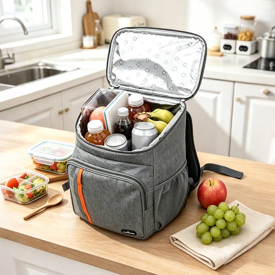 Geïsoleerde picknickrugzak - Waterdichte en verkoelende rugzak met grote inhoud - 23 l - Lekvrije picknicktas - Geschikt voor kamperen, picknicks, barbecues, reizen en buitenactiviteiten - Klassieke stijl - Lichtgrijs — afbeelding 4