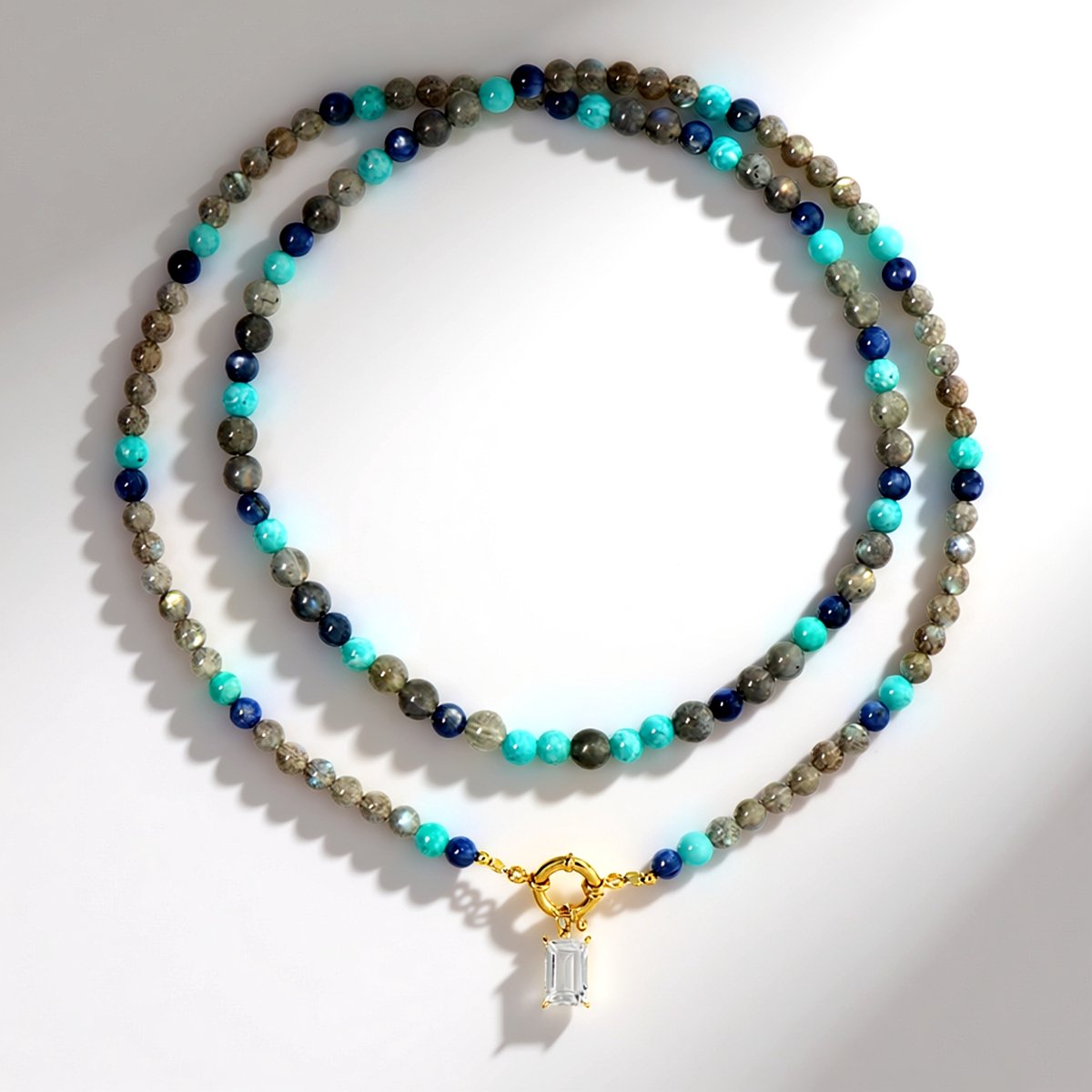 Cavill - Zilveren ketting 925 Sterling Zilver - Witte kwarts 3,78 ct briljant trapgeslepen - Nepal kyaniet & labradoriet kralen - Elegant & tijdloos