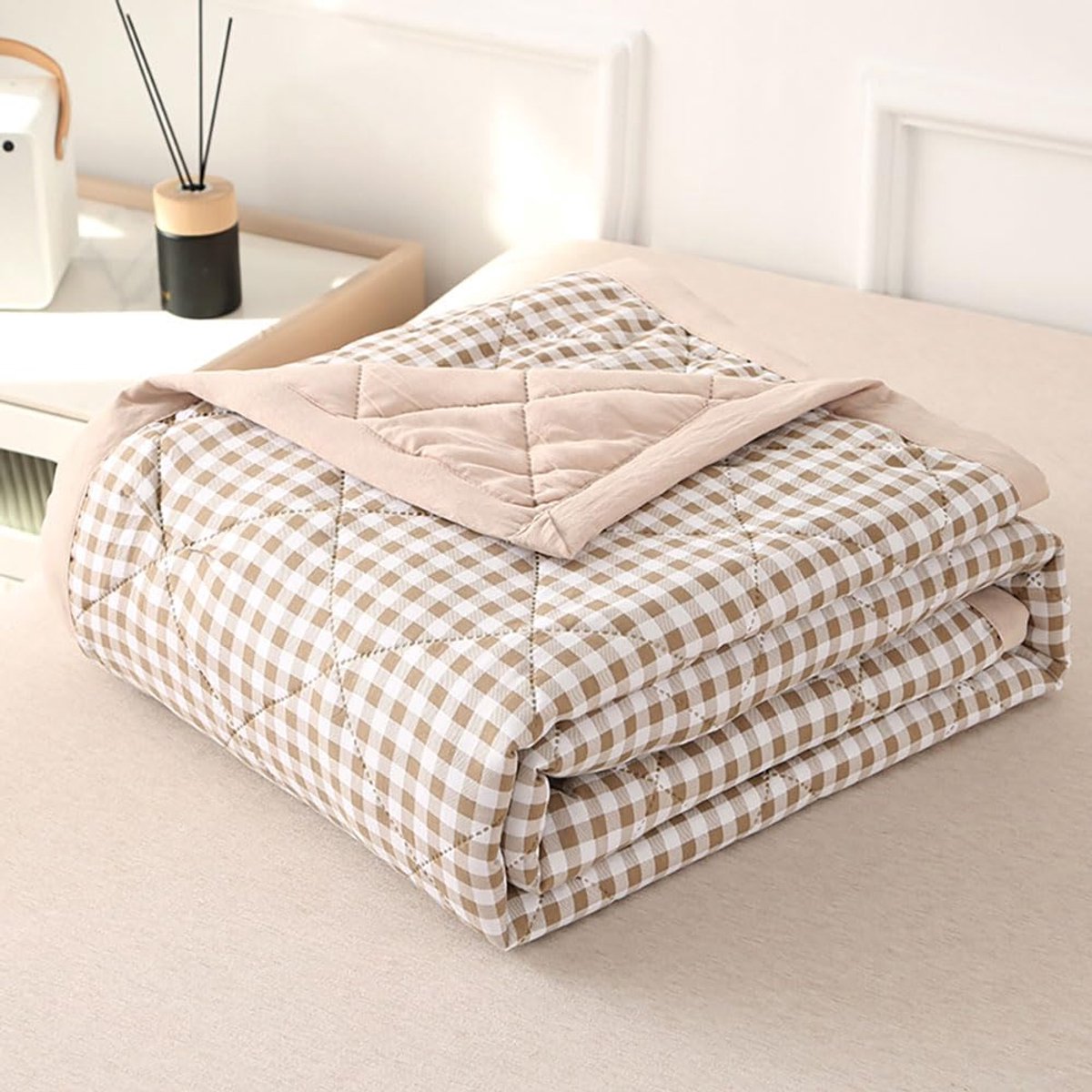 SnelShoppen - Gewatteerde Spreien Check Quilt Bed Gooien Katoenen Vulling Dekbed Super King Enkel Dubbel Maat Kinderbed Omkeerbaar Khaki 180x200cm Voo