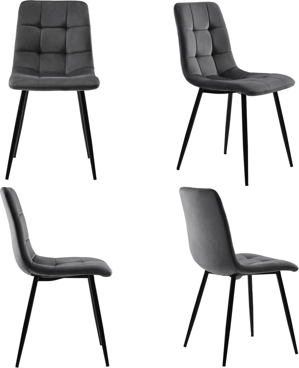Eetkamerstoelen - Gestoffeerde stoel - Keukenstoel - Fluwelen zitting - Metalen poten - Ergonomisch - Eetkamer - 44x41x86cm - 4 stuks - Donkergrijs