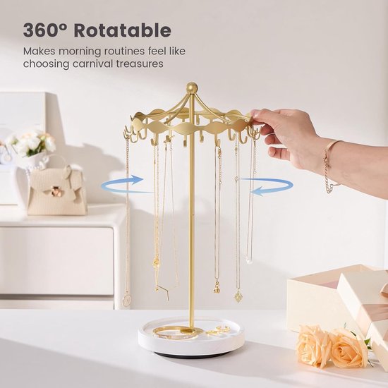 Rotating Kettinghouder met Metalen Haken, Draaiende Caroussel, Vrijstaande Organizer voor Lange Kettingen - Goudkleurig en Stijlvol Accessoire — afbeelding 5