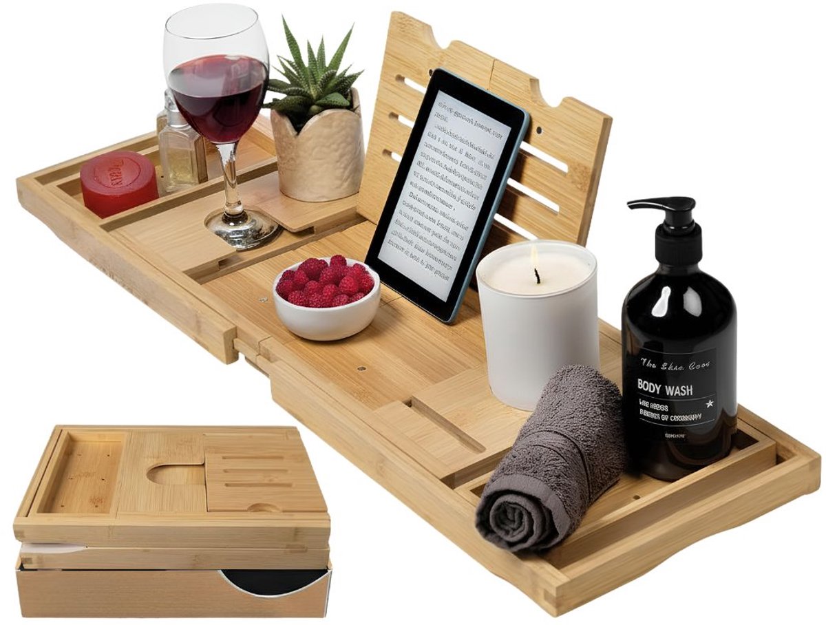 NIVA® Bamboe Badplank - Uitschuifbare Badplank - Luxe Bamboe Badplank - Bruin - 36cm x 23cm x 8cm