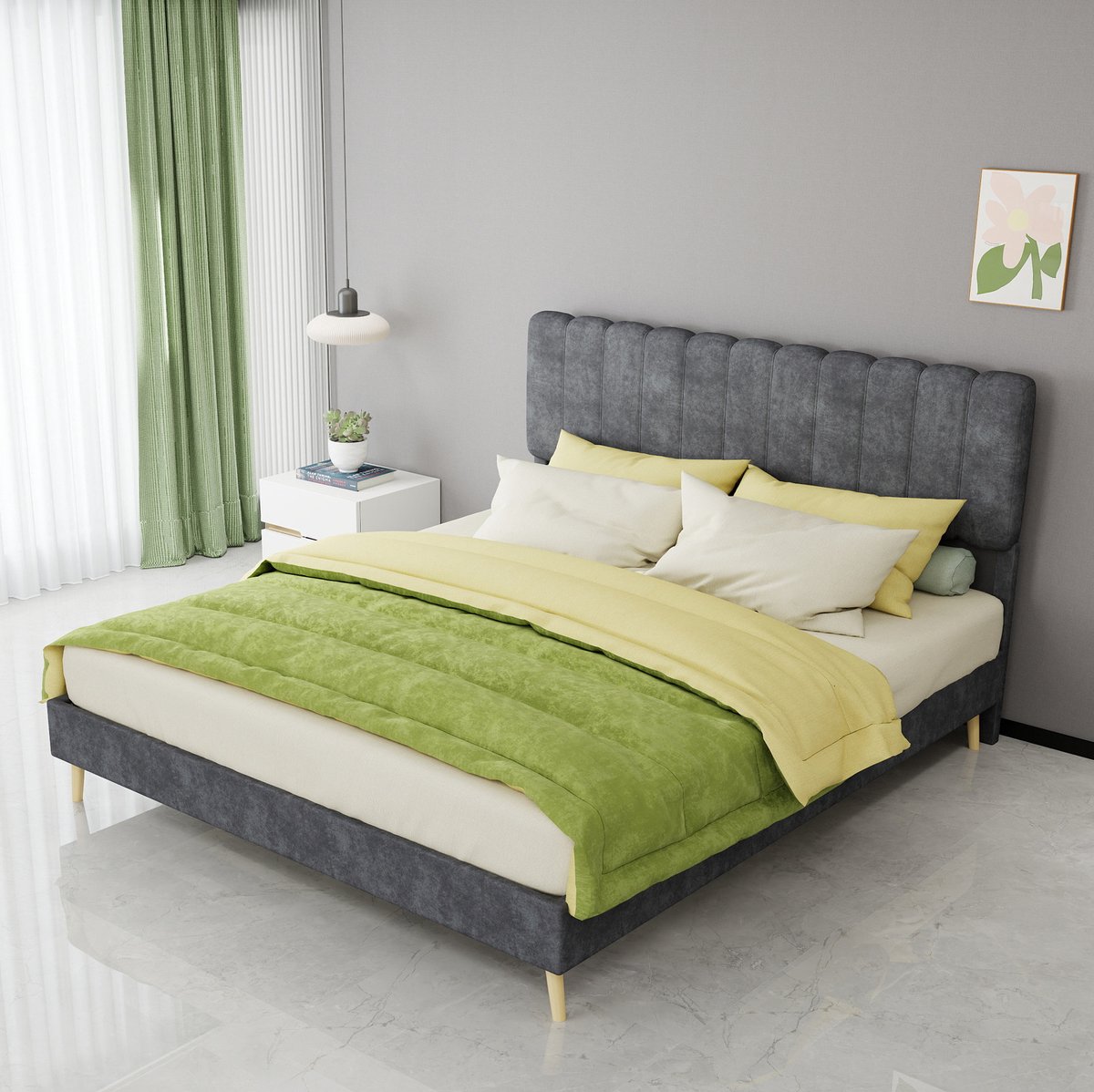 COVREO Gestoffeerd bed met zacht hoofdbord – 160x200 cm – Bedframe van stof en metaal – voor slaapkamer en dagelijks gebruik – Grijs - zonder matras