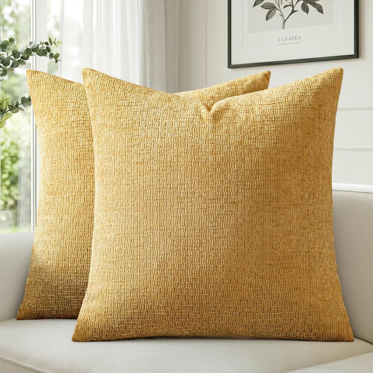 SnelShoppen - Set van 2 Gele Kussenslopen 40 x 40 cm, Chenille, Zachte Pluizige Kussenhoezen met Subtiele Structuur voor Woonkamer, Slaapkamer en Bank