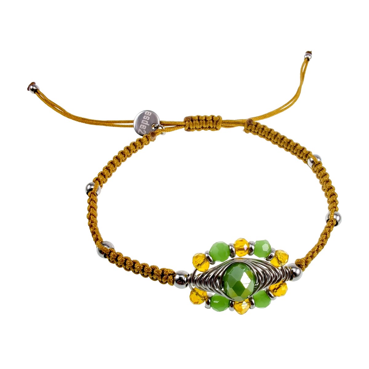 Macramé Damesarmband met Groene Kristallen en Amberkleurig Koord, RVS - Verstelbaar 15 tot 19 cm