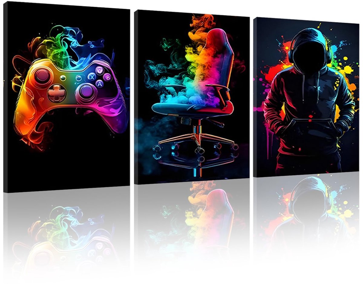 SnelShoppen - KiKiHong Decoratieve Afbeeldingen met Lijst, 3-delig Neon Effect voor Gamers, Speelkamer, Slaapkamer, Console Decoratie, 40 x 30 cm