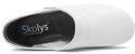 Witte Skolys klomp, bovenkant en binnenzijde zichtbaar. Met reliëf logo en "Skolys Handmade clogs" op de binnenzool.