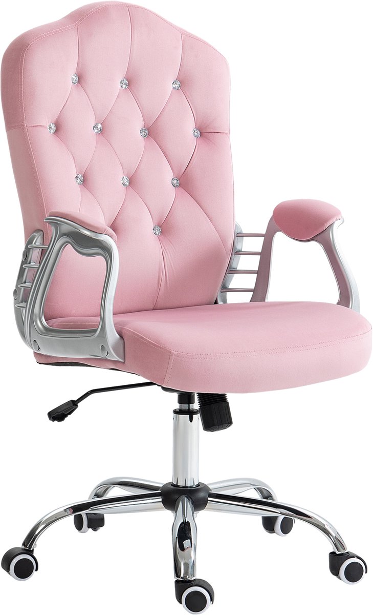 Roze Bureaustoel 61 x 61 x 114 cm, Ergonomische Draaistoel met Kantelbare Rugleuning, Hoogteverstelling, Fluweellook en Gewatteerde Zitting, Comfortabele Computerstoel voor Kantoor, Thuiswerkplek en Studeerkamer, Tot 120 kg