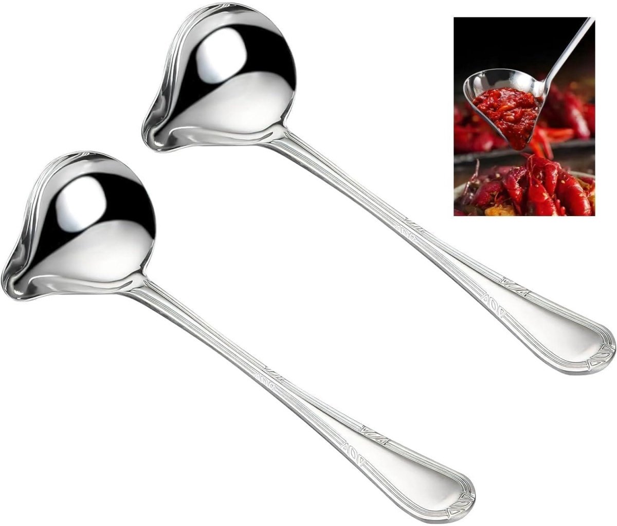 SSTRWGOOD Roestvrij Scheplepels - 2 Stuks - Pollepels met Uitgietrand - Handgreep met Elegante Structuur - Geschikt voor Soep, Dressings en Bratensaus - 20 cm lengte x 7,4 cm breed lepelkop