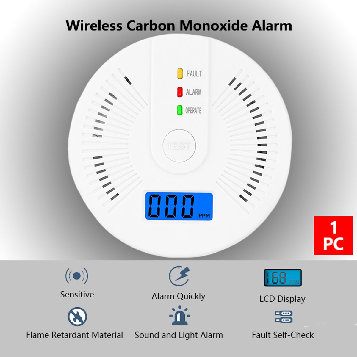 Vrijstaande koolmonoxidemelder met digitaal LCD-display; CO-melder; hoorbaar en visueel alarm voor gasvergiftiging door honingraatbriketten; batterijgevoede wandmelder (batterijen niet inbegrepen).