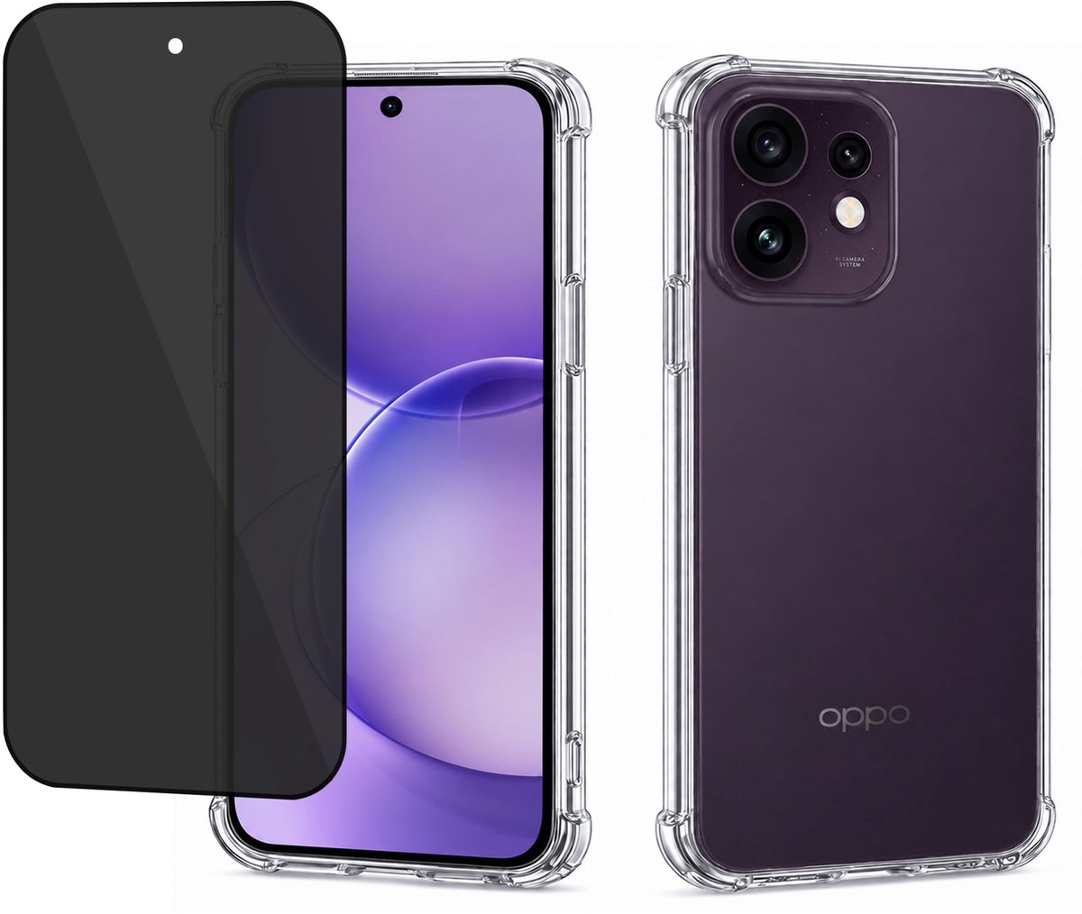 Hoesje met Privacy screenprotector geschikt voor OPPO Reno 16 5G / Reno 16 Pro 5G - Luchtkussens - Siliconen Hoes - Gehard Glas - Transparant