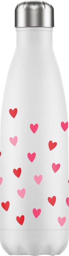 Witte drinkfles van 500ml met een patroon van rode en roze hartjes. Zilverkleurige dop.