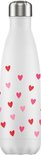 Witte drinkfles van 500ml met een patroon van rode en roze hartjes. Zilverkleurige dop.