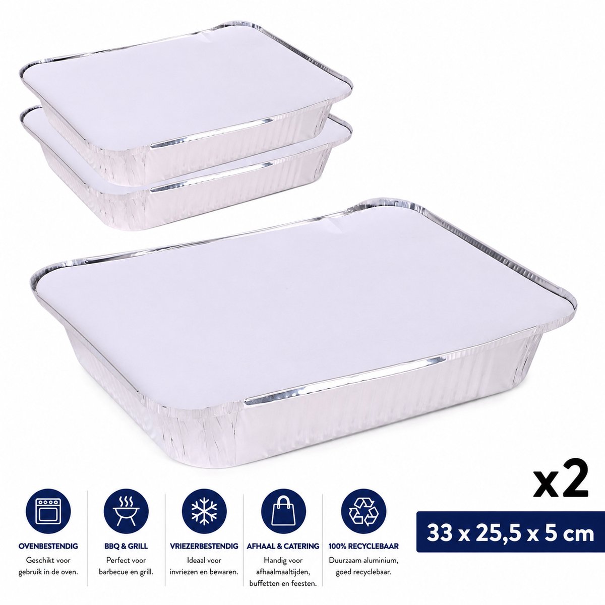 2 Aluminium Bakjes 33 x 25,5 x 5 cm – Grote Ovenschalen met Deksel – Aluminium Food Containers voor Oven, BBQ, Catering, Buffet, Meal Prep & Afhaalmaaltijden