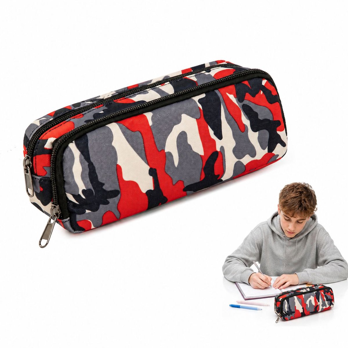 VHV - Etui - Grote Etui voor School - Ruime Pennenzak voor Jongens en Meisjes - Organizer voor Schrijfwaren - Voor Middelbare School - Camouflage rood