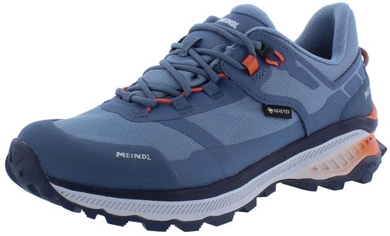 Chaussure de randonnée basse Meindl Tahoma GTX bleue avec logo Gore-Tex et détails orange.
