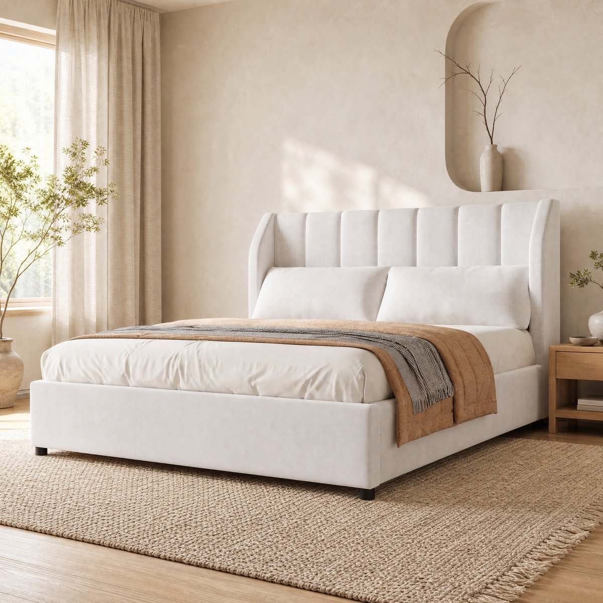 MODFU - Bed - Gepolsterd - Hoofdbord - Tweepersoons - Beige